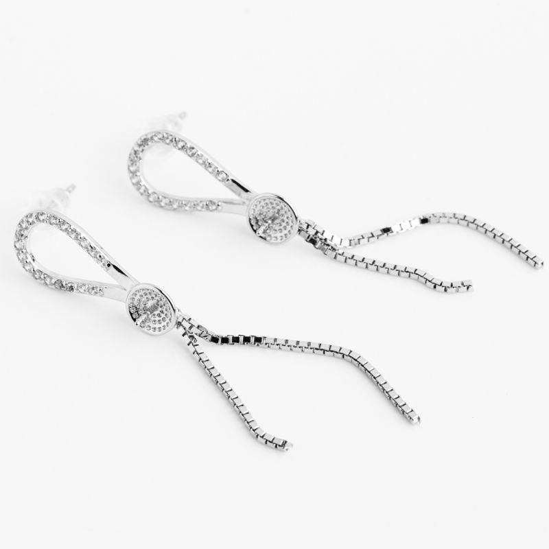 Black Friday - Reduceri [Tortite surub argint placat rodiu picatura contur 2 lanturi 9x50 mm zirconiu alb - 1 per] Promotie