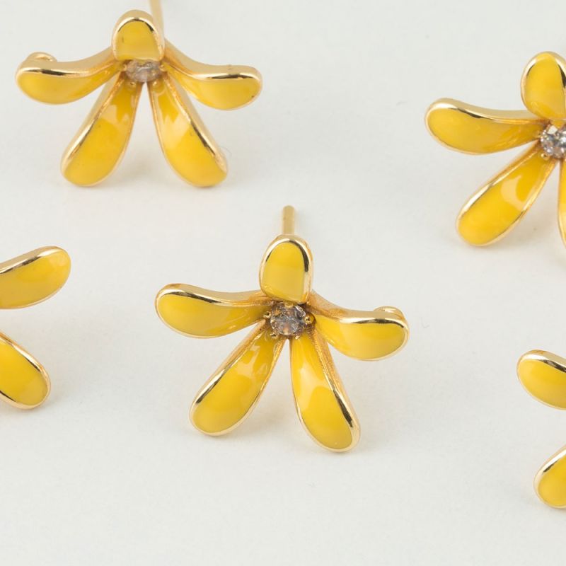 Tortite surub cupru placat auriu floare 5 petale email galben 16 mm zirconiu alb - 1 per I Magazinuldepietre.ro