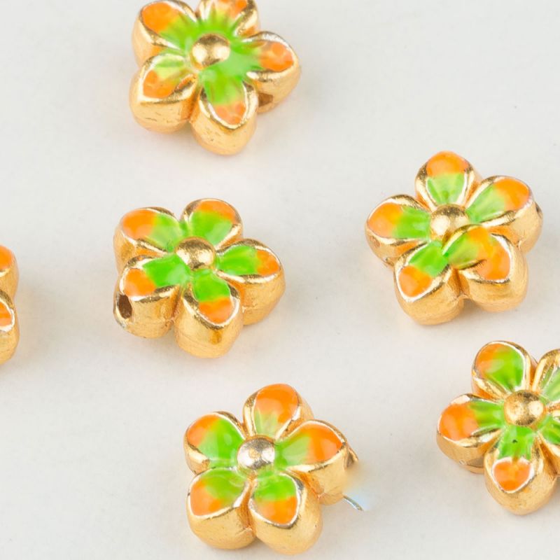 Distantier cupru placat auriu floare 5 petale email verde portocaliu 5x9 mm - 4 buc I Magazinuldepietre.ro - magazinuldepietre.ro