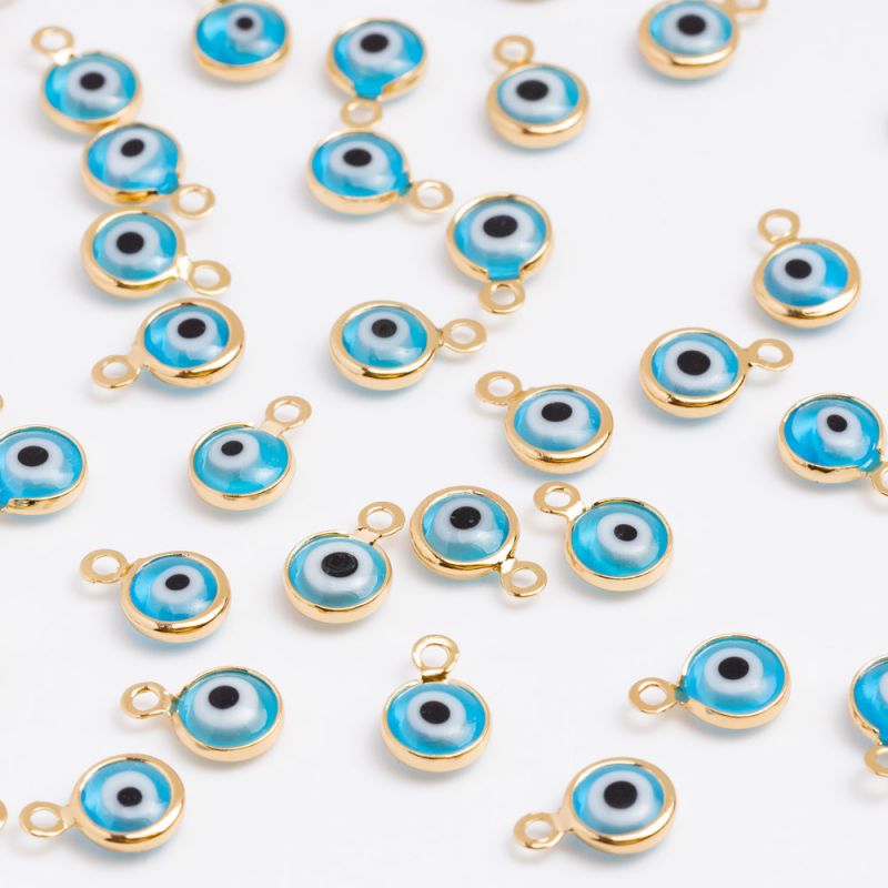 Charm cupru placat auriu ochi email albastru 6.6x10 mm - 4 buc - magazinuldepietre.ro