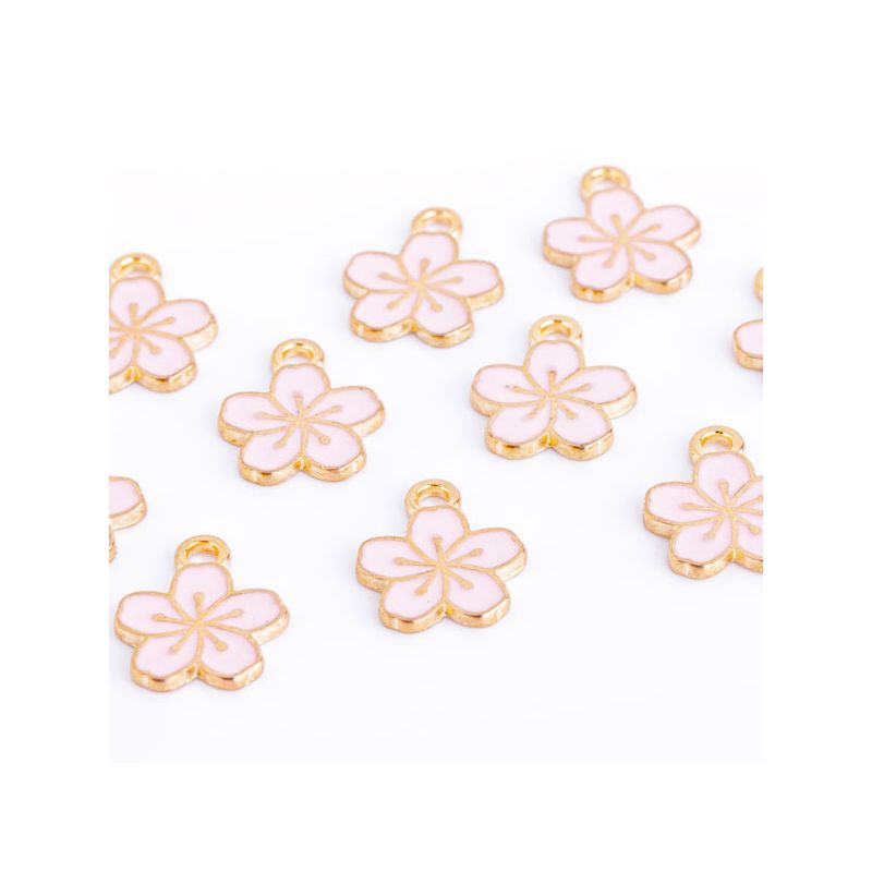 Charm cupru placat auriu floare 5 petale email roz 11.5x14.5 mm - 2 buc I Magazinuldepietre.ro - magazinuldepietre.ro
