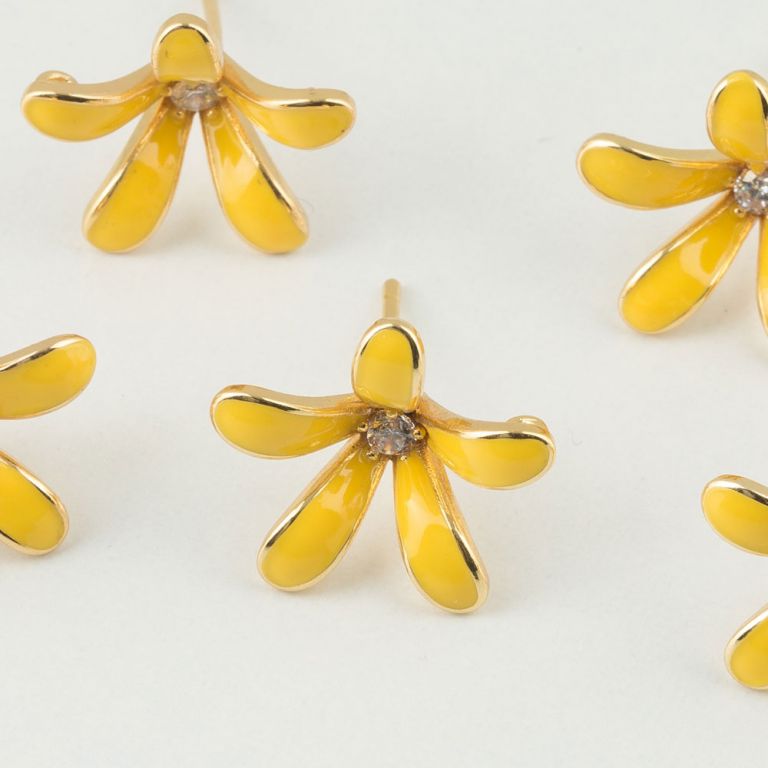 Tortite surub cupru placat auriu floare 5 petale email galben 16 mm zirconiu alb - 1 per I Magazinuldepietre.ro - magazinuldepietre.ro